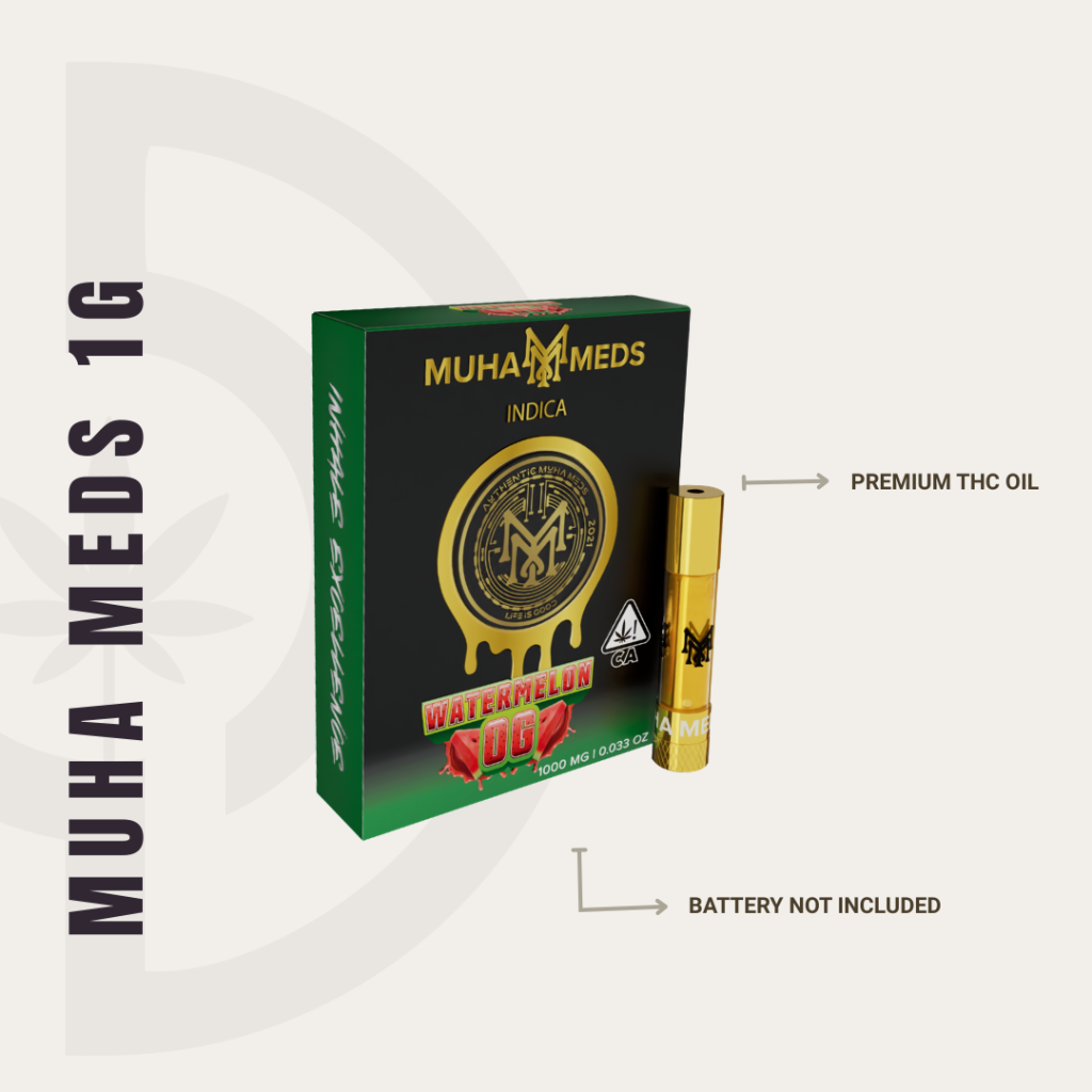 Muha Meds 1G THC oil cartridge and packaging, with Watermelon OG shown as an example; battery not included.